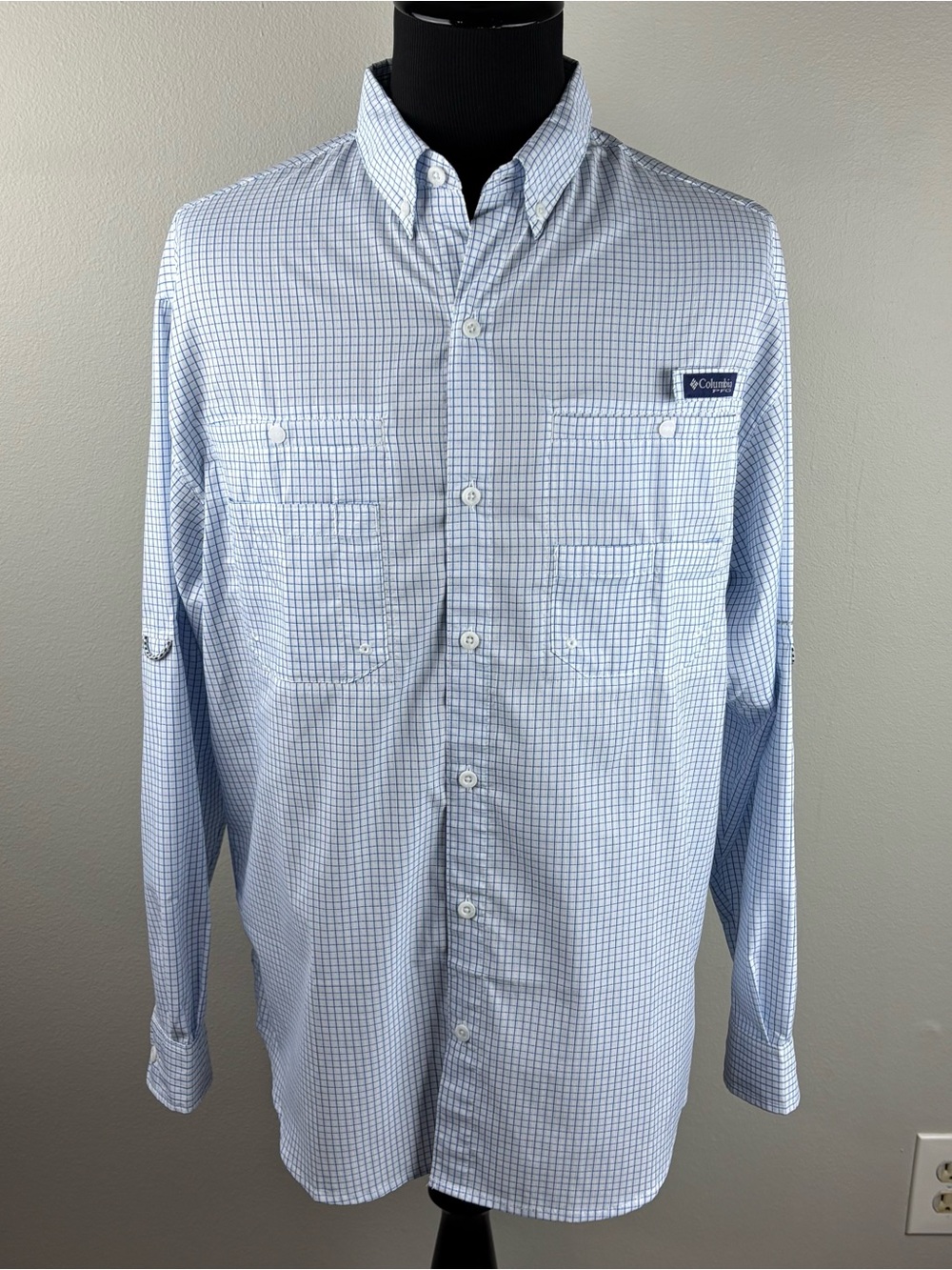 Columbia PFG Super Tamiami Shirt Men's Sz Large L Check Button Front Fishing EUC